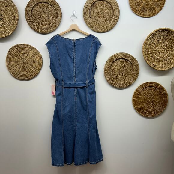 NEW $130 NY&C Eva Mendes Idalia Denim Midi Dress Plus Size XXL Blue Belt Button - Picture 2 of 7